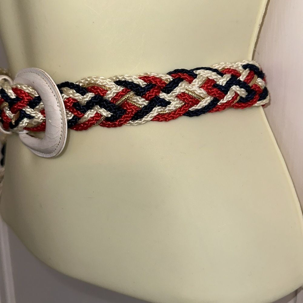 Vintage 70s red, white, navy blue & gold woven nylon cord belt - Picture 2 of 8
